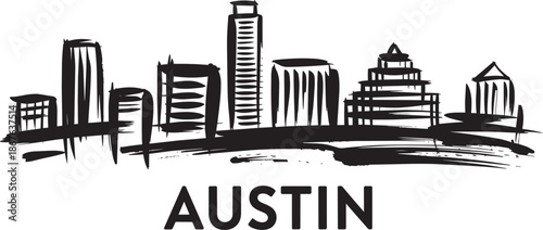 Simple black and white sketch style skyline for austin texas city vector graphic illustration