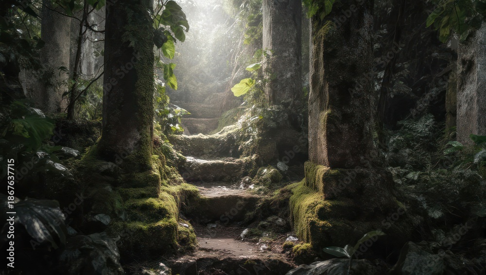 Fototapeta premium Mysterious Stone Steps Leading Up Through a Lush, Overgrown Forest with Sunbeams.