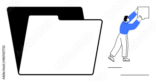 File management concept. A large folder icon with a person organizing and uploading data highlights file management processes. File management for organization, data systems, storage, team