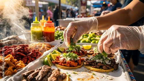 Hands preparing street food outdoors quickly.