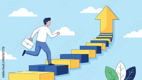 Businessman running up growth stairs towards success arrow illustration