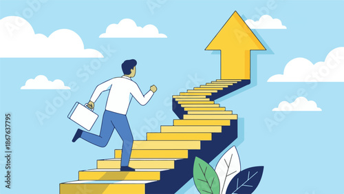 Businessman running up a staircase with an arrow, symbolizing career progress and success