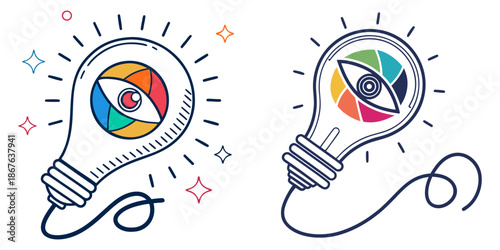 Vision and idea. Colorful eye bulb sign business concept.