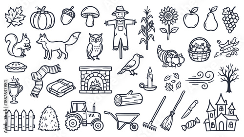 A rural autumnal scene featuring farm equipment, wildlife, and harvest elements in a monochrome illustration.
