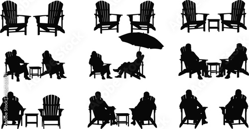 Adirondack chair silhouette icon set illustration showing people relaxing, sitting and socializing outdoors, patio and garden furniture scenes, black vector isolated on white