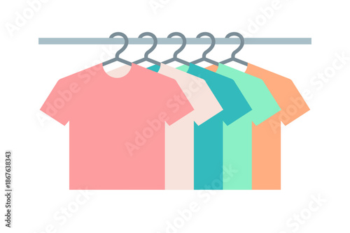 Clothing on clothing rack, discount flat T-shirts clothes. Fashion retail offer,wear on hanging. Supermarket markdown,thrifty purchase in store. Isolated. Vector illustration.