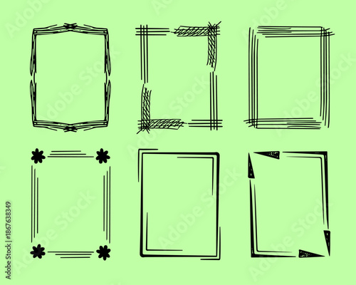 Rectangular doodle frame stamp set, hand-drawn original creative engagement monograms. Edgings cadres with graphic elements, design photo decoration greeting cadres. Isolated. Vector illustration