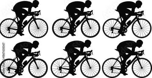 Cyclist racing bicycle silhouette illustration set showing road cycling athletes in aerodynamic positions, competitive sport action poses, black vector icons isolated on white