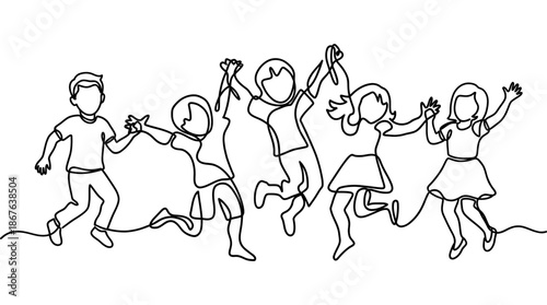 Happy children jumping together holding hands, celebrating joy and friendship in line art