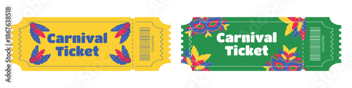 Set of entry tickets for Brazilian Carnival with masks feathers costumes