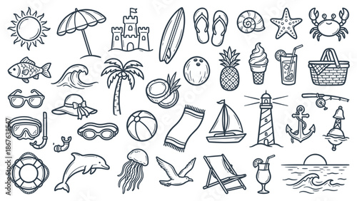 A collection of illustrations related to summer vacation and beach activities