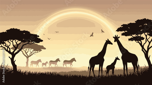 Wildlife silhouettes in African savanna at sunset with bright sky arc