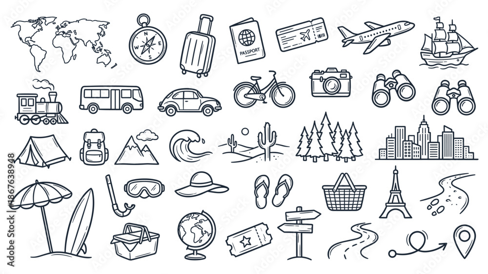 Fototapeta premium Collection of various travel-related icons on a plain white background, including landmarks, vehicles, and accessories, depicted in a simple line art style