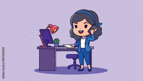 Businesswoman talking on phone at office desk.