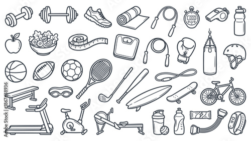 A collection of various sports equipment and accessories illustrated in a simple line art style