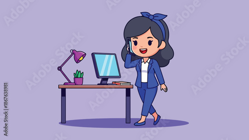 Businesswoman talking on phone near desk with computer.