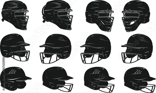 Baseball helmet silhouette set illustration featuring multiple viewing angles, protective sports headgear collection for athletes, isolated black vector icons on white background