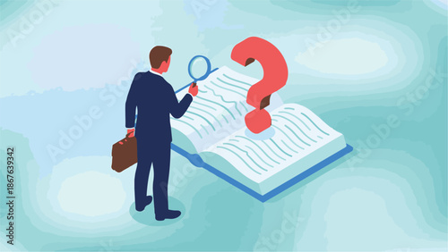 Businessman analyzing information in a book with magnifying glass and question mark