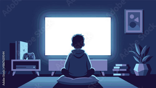 Young person sitting in dark room, intensely focused on a bright TV screen