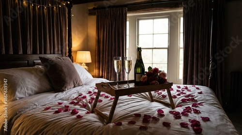 Romantic Bed With Champagne, Rose Petals, and Celebration Champaign in a Hotel Room - Perfect Romance and Love Setting