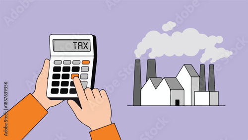 Hands Calculate Industrial Tax with Factory Emitting Smoke Concept