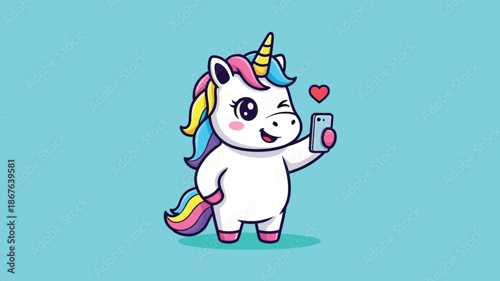 Naklejka premium Cute Unicorn Holding Smartphone with Heart Icon.