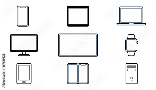 Electronic devices collection on black background