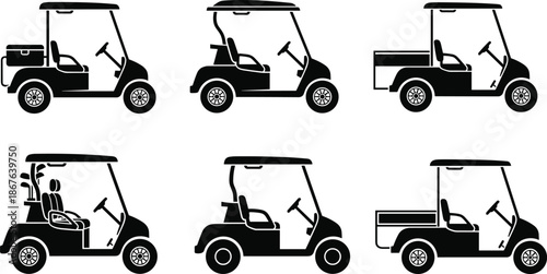 Golf cart silhouette icon set illustration showing different utility and passenger carts, electric resort vehicles, black vector symbols isolated on white background