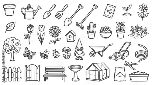 A collection of gardening tools and accessories illustrated in a simple black and white style