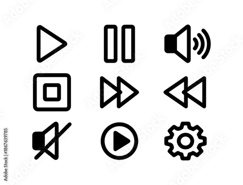 Media player control icons set on black background
