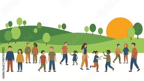 Diverse people and children enjoying a sunny day in a green park illustration