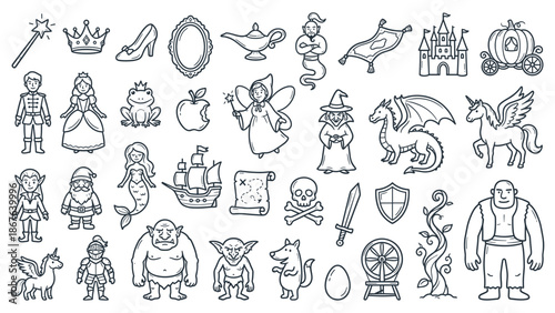 Medieval fantasy elements illustration featuring a variety of mythical creatures and symbols in a simple line art style.
