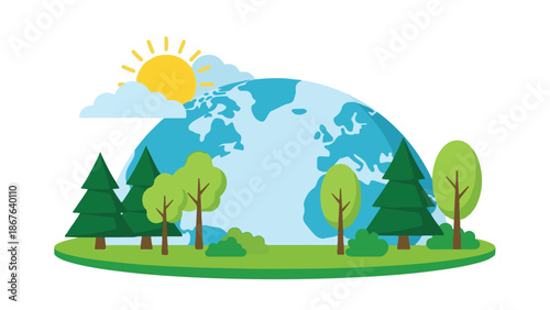 Stylized illustration of Earth with sun, clouds, trees, and green nature landscape