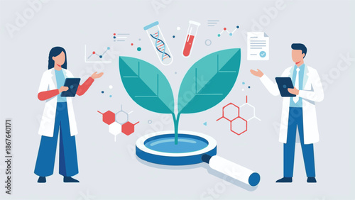 Scientists conducting plant biotechnology and genetic research illustration