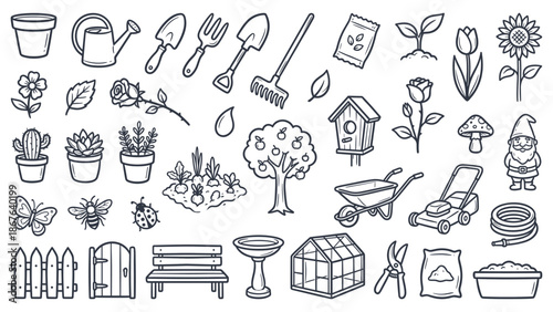Gardening illustrations featuring various tools and plants in a collection of line drawings