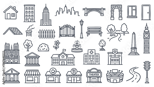 Collection of architectural illustrations featuring various buildings and landmarks from around the world