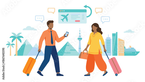 Couple planning global travel destinations with online booking app