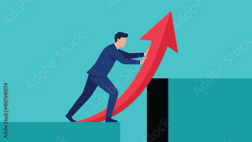 Businessman pushing upward red arrow over gap, symbolizing progress and overcoming obstacles.