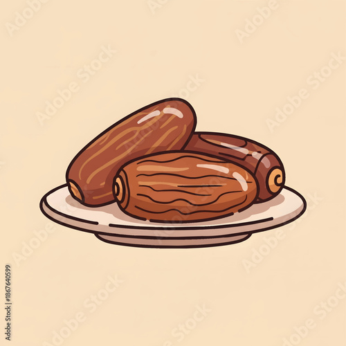 Sweet brown dates fruit on a white plate illustration.