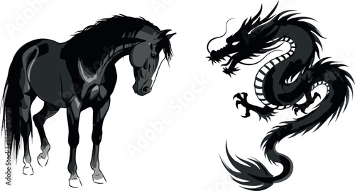 Contrasting imagery of a horse and a dragon