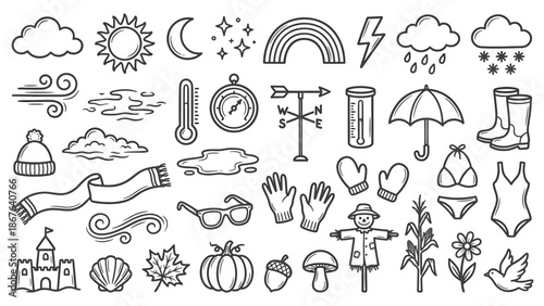 A collection of seasonal icons representing weather, clothing, and accessories in a simple line art style