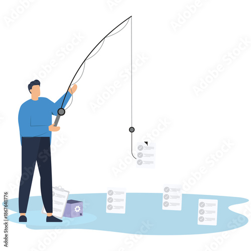 Flat vector style illustration of quality control manager fishing checklist icons from compliance lake to certify product safety stock illustration