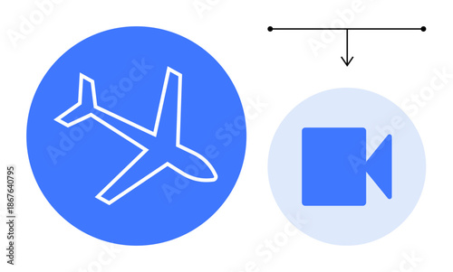 Air travel, media content creation, transportation, logistic systems, travel technology, communication. Airplane icon connected to video symbol. Air travel and media content creation concept
