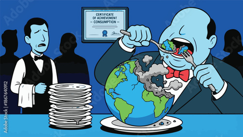 Conceptual illustration of overconsumption leading to environmental destruction