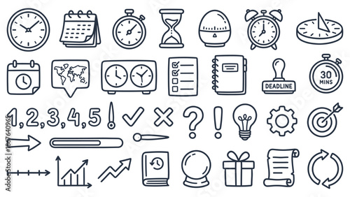 A collection of monochrome icons representing time, productivity, and organization on a white background viewed from directly above