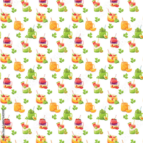 A colorful seamless pattern features assorted fruit smoothies in jars with straws and scattered mint leave