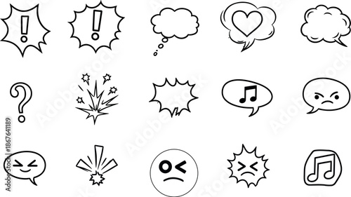 Collection of 14 unique line art emoticon and speech bubbles