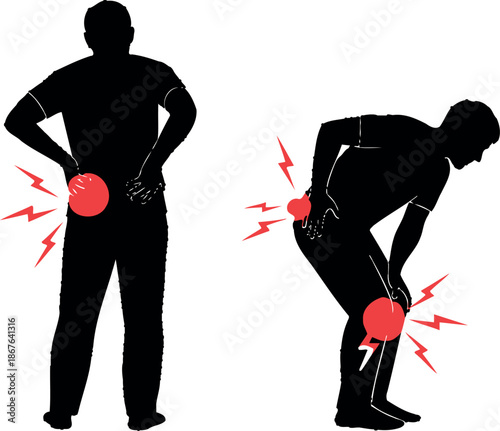 Back and knee pain illustration with human silhouettes