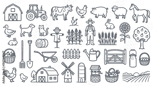 Black and white illustrations of farm animals and equipment arranged neatly on a white background