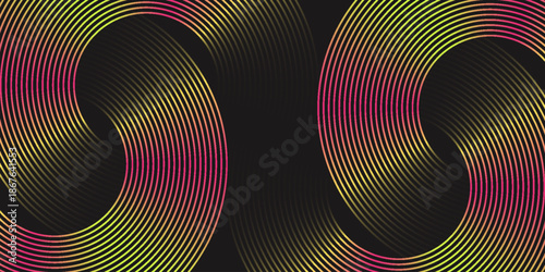 Dark geometric abstract background with overlapping circular lines in space. Modern graphic design element. eps10